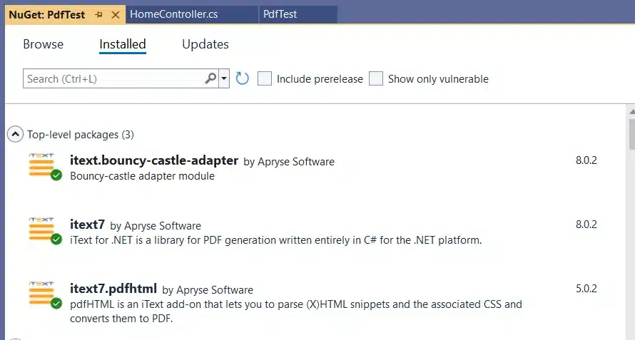 Add “itext7”, “itext7.pdfhtml”, “itext.bouncy-castle-adapter” Nuget libraries